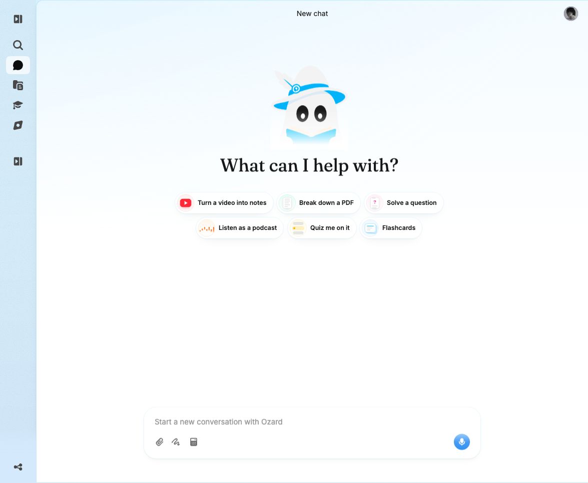 The Ozard web app with notes, chat, quizzes and flashcards side by side.